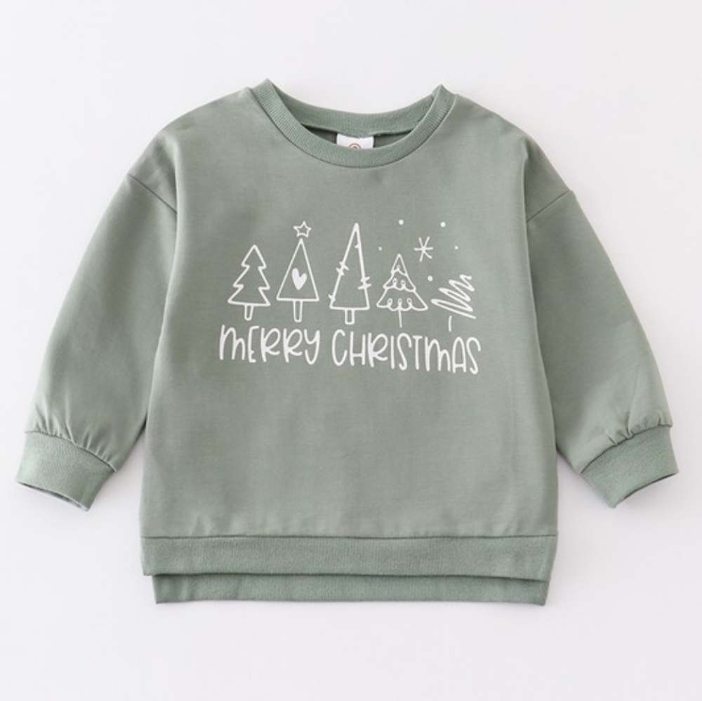 Kid Holiday Sweatshirt Sage Green NWT Merry Christmas with Trees Boy or Girl